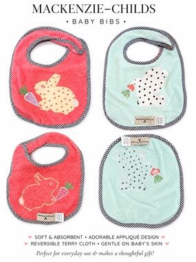 MacKenzie-Childs Coral and Mint Bunny Appliqué Reversible Baby Bibs